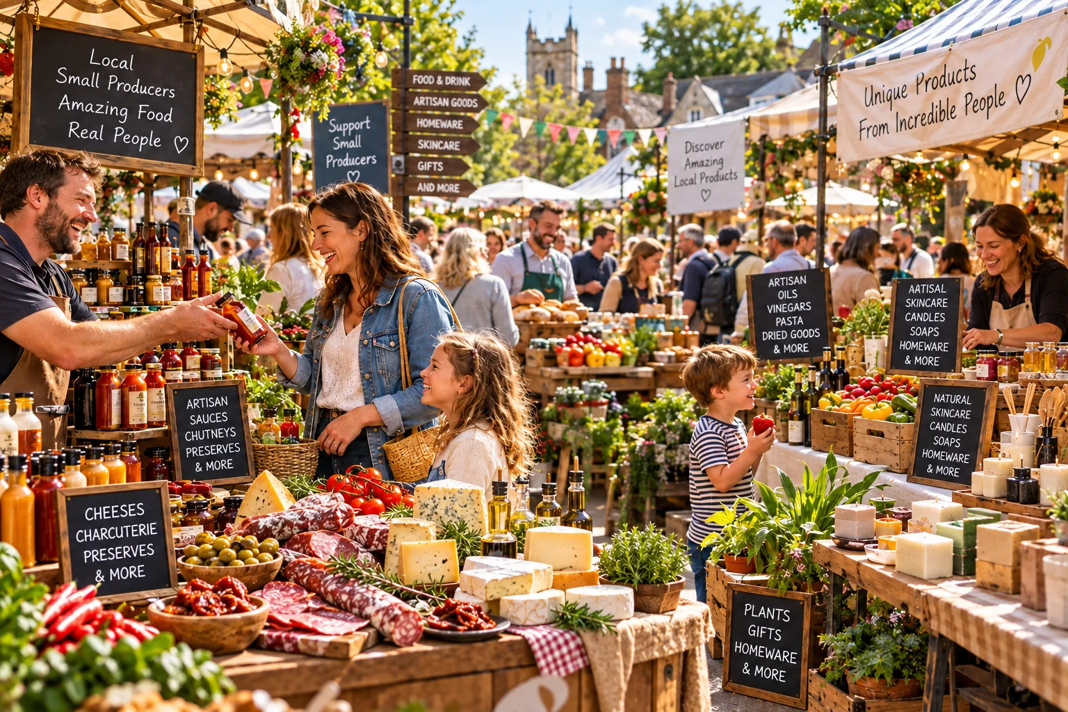 A lively outdoor market where independent producers sell food and handmade goods to local shoppers
